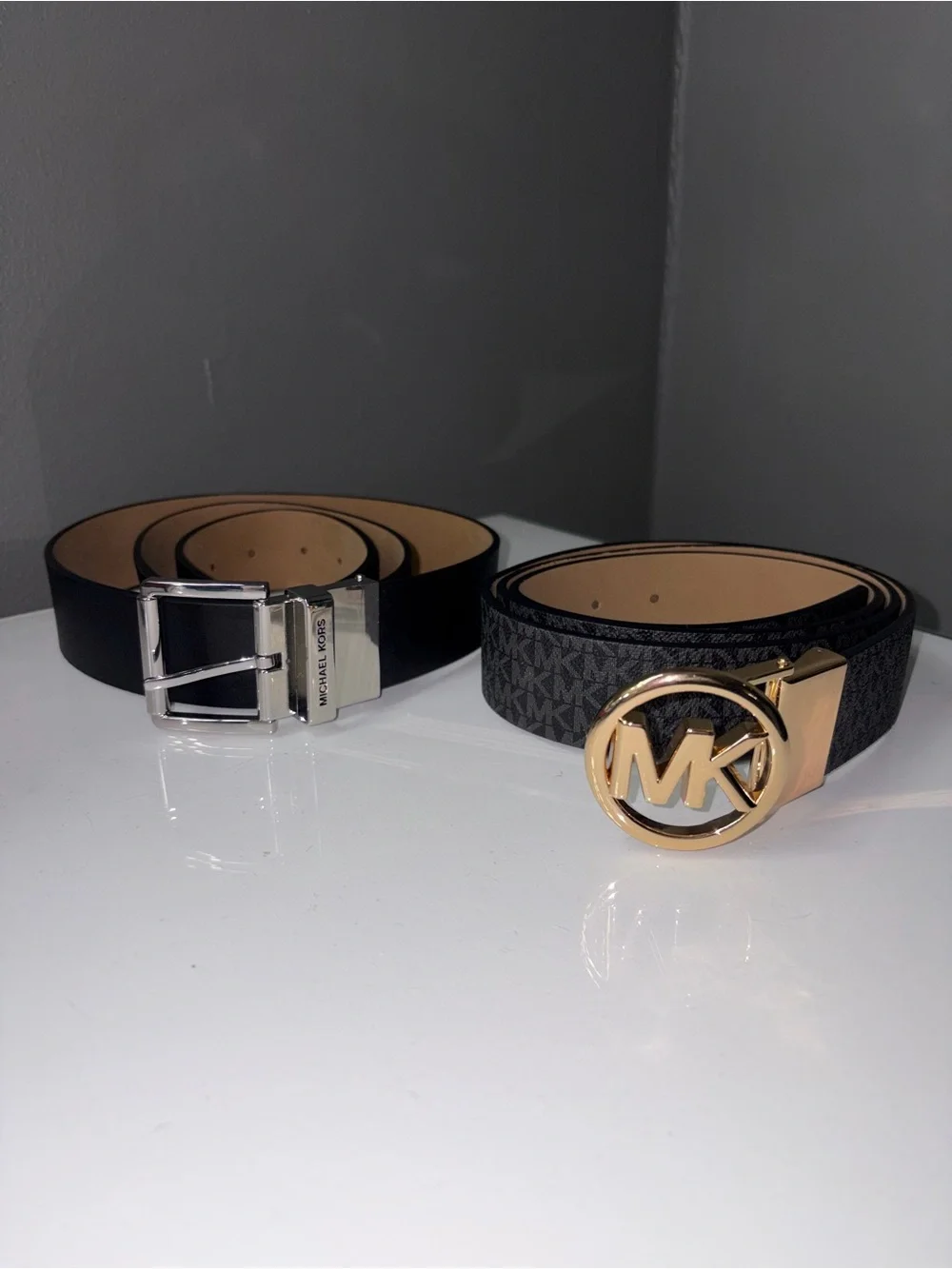 Michael Kors Gold MK Buckle All over Print Belt & Silver Buckle Solid Black Belt